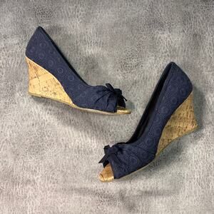 Report Navy Lace Cork Wedge Platforms